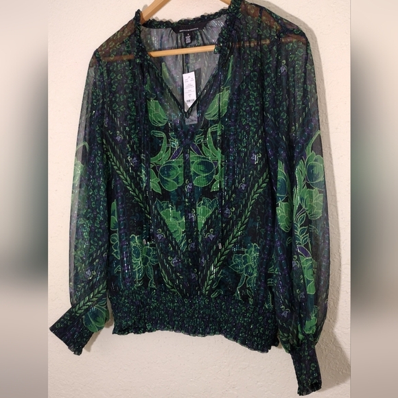 White House Black Market Vibrant Green and Black Floral Blouse - Picture 7 of 10